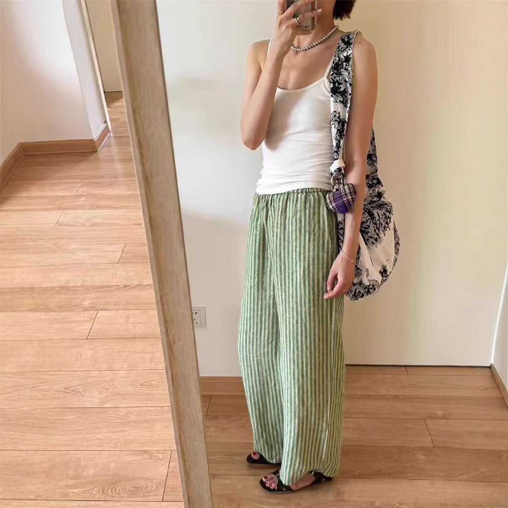 Japanese design sense niche thin casual linen striped nine-point elastic wide-leg pants children's summer new