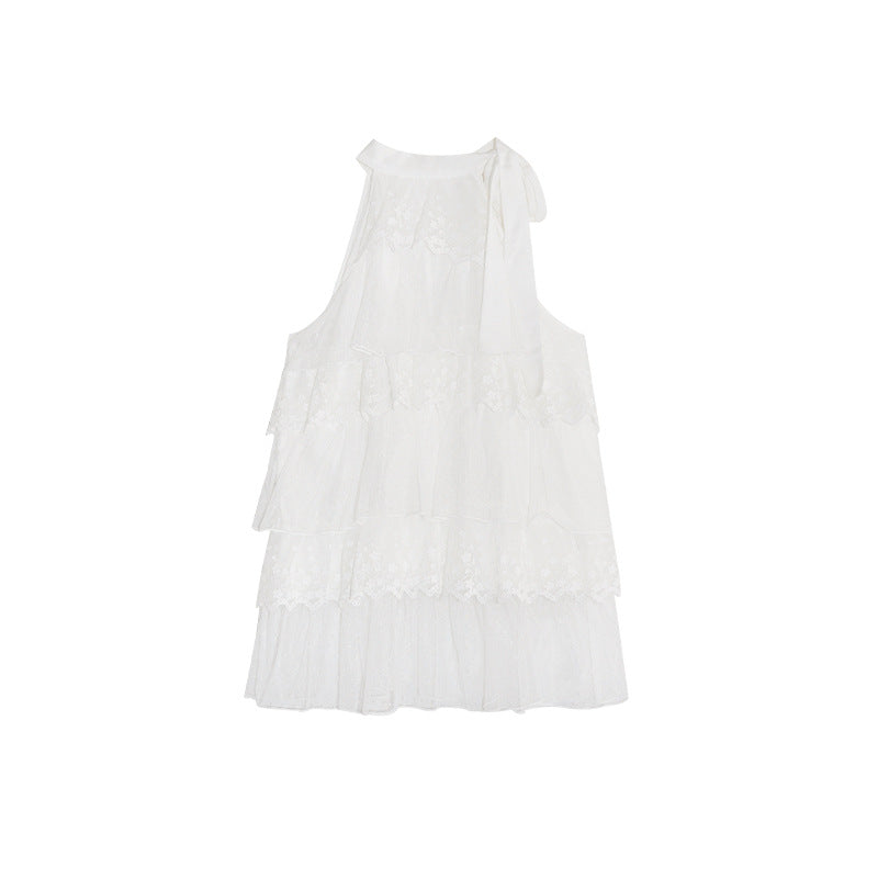 Ribbon bow multi-layer spliced sleeveless lace top