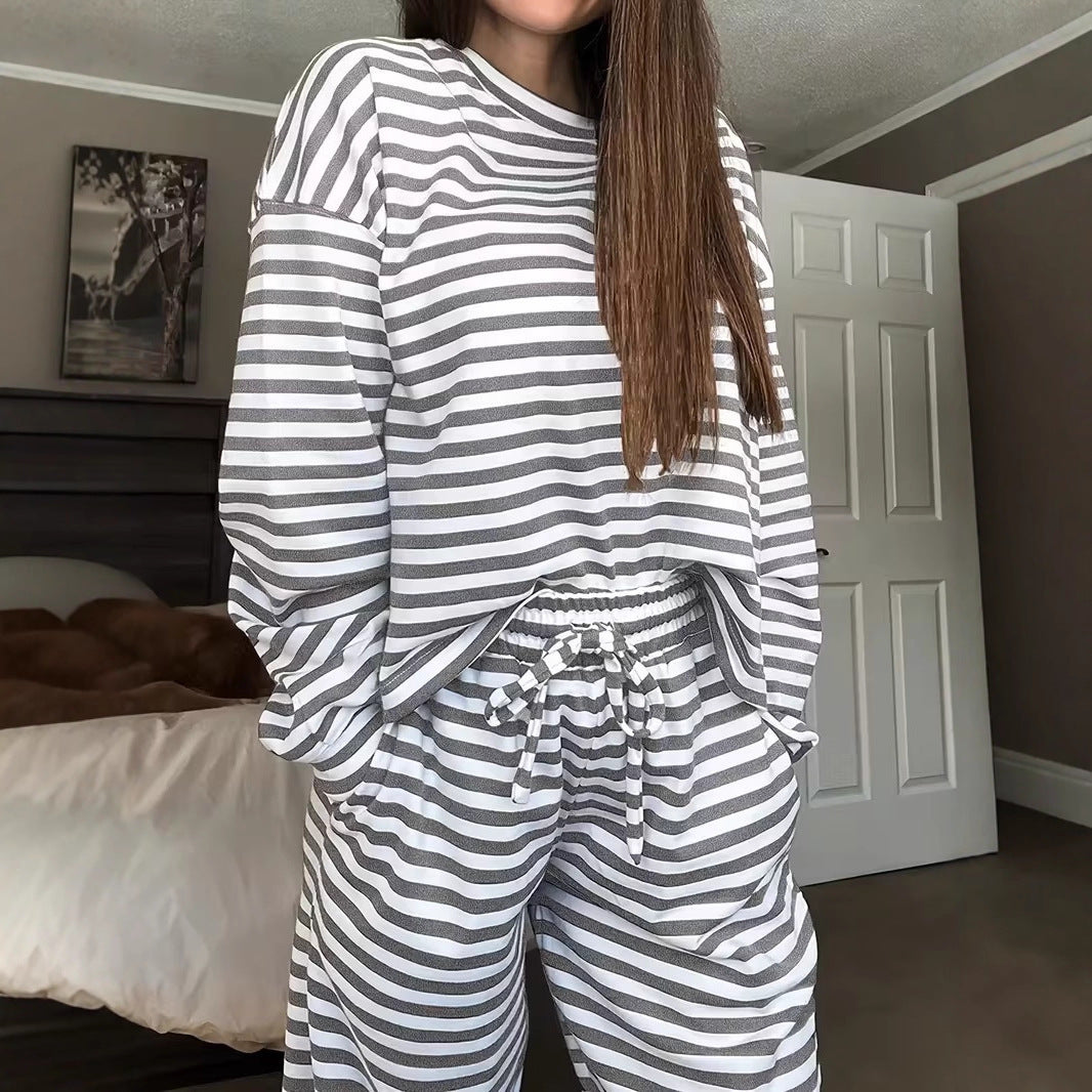 Striped Casual Two-Piece Set Women Long Sleeve Top High Waist Pants