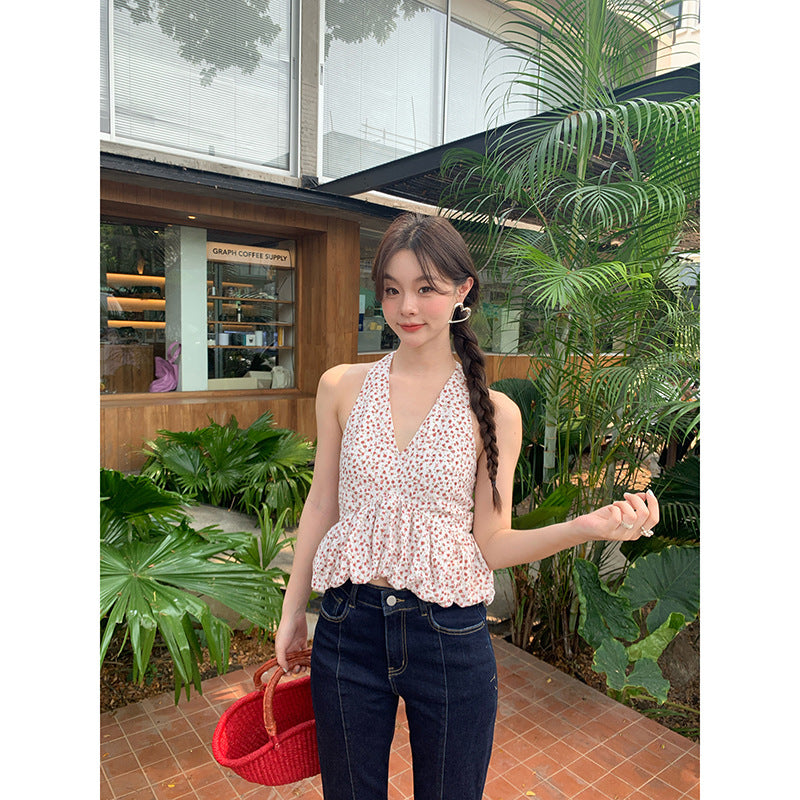 Sweet and spicy floral v-neck vest hanging neck, waist and outer sling