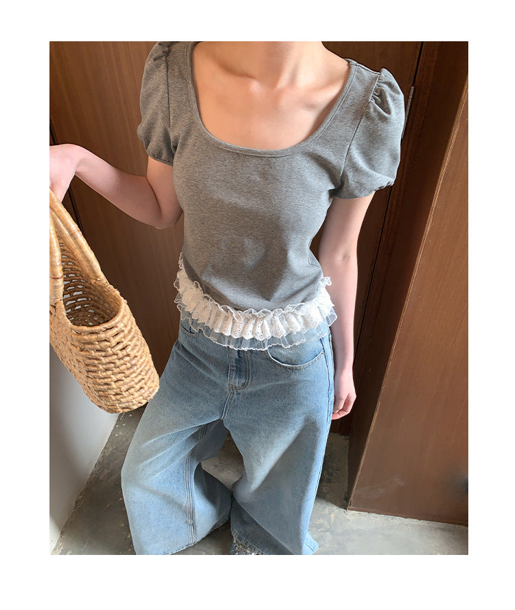 Sweet age-reducing lace trim square neck short-sleeved T-shirt