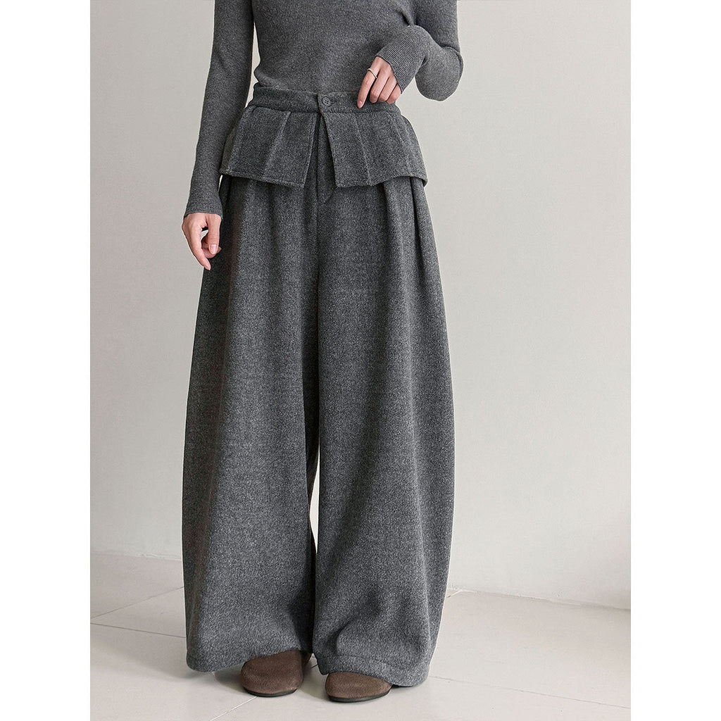 Korean style thickened wool blend wide-leg pants with patchwork detail - women's winter design, warm and casual trousers