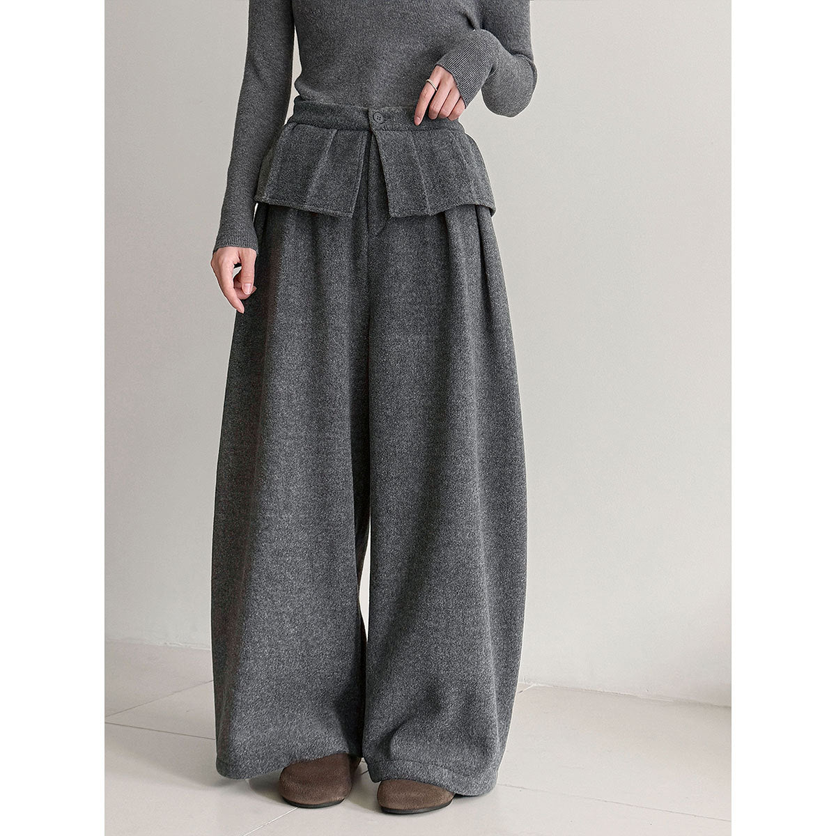 Korean style thickened wool blend wide-leg pants with patchwork detail - women's winter design, warm and casual trousers