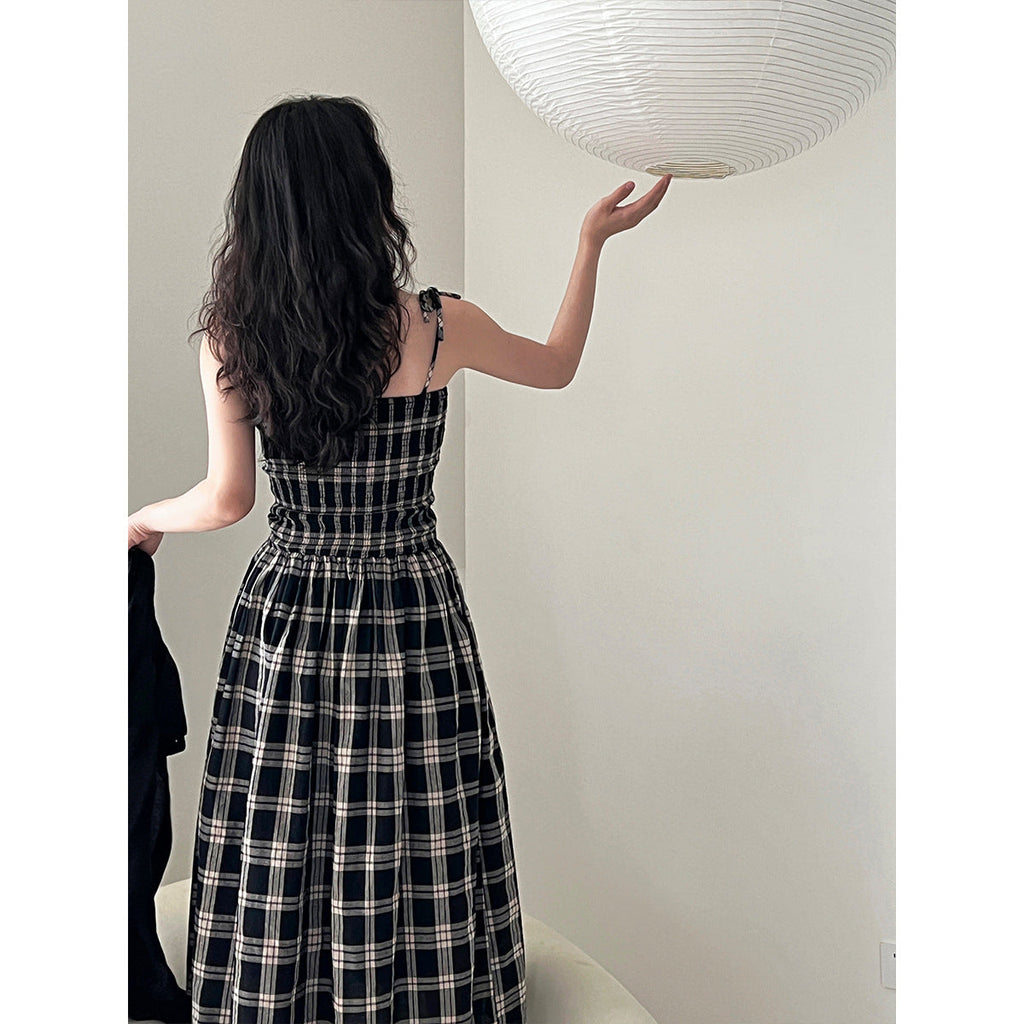 Retro plaid tube top suspender dress for women's summer high-end elastic waist A-shaped long dress