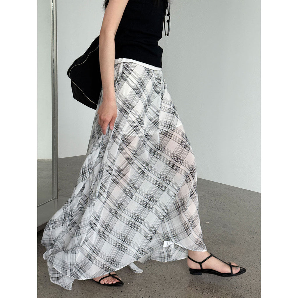 Korean simple plaid A-word skirt women's summer new tulle drape irregular skirt