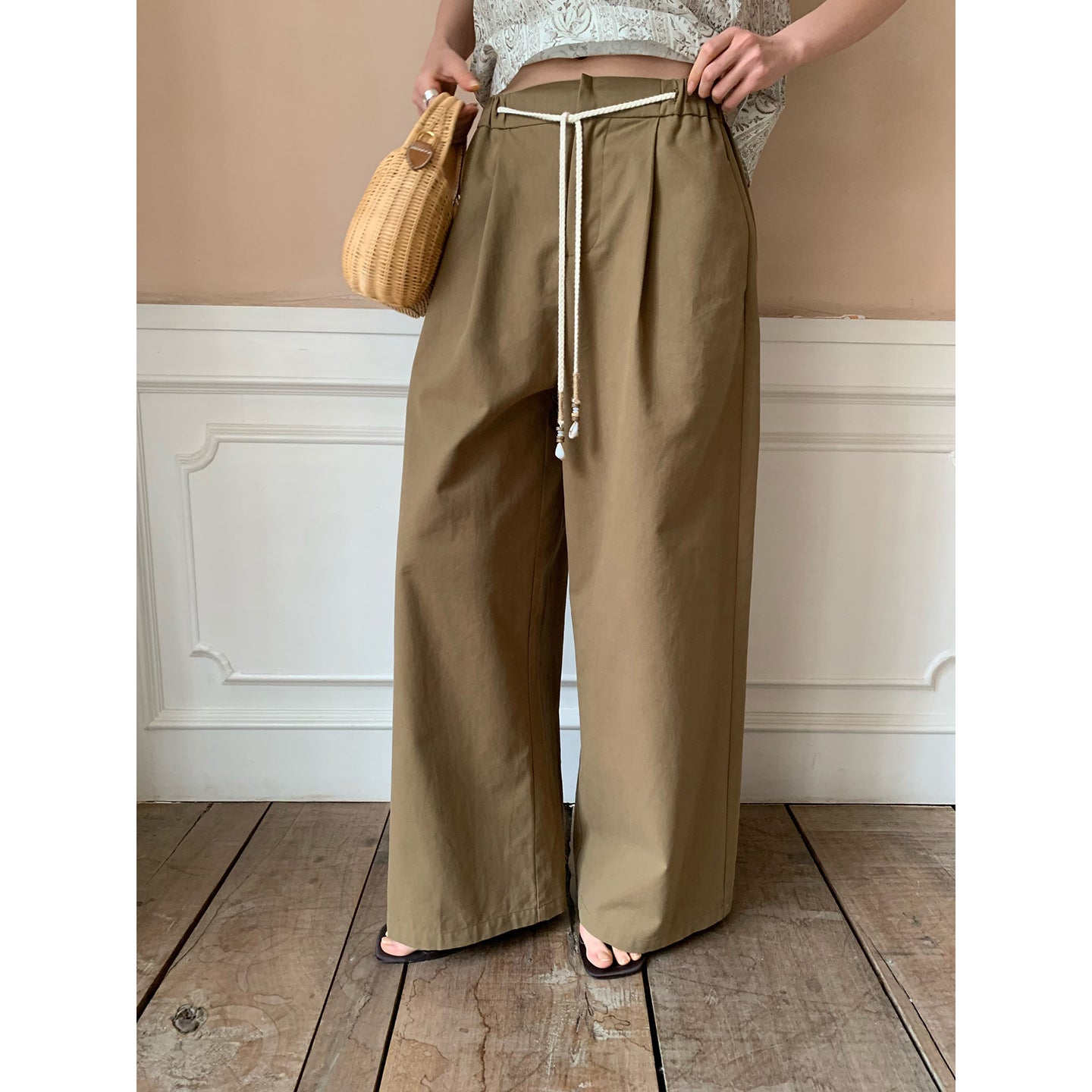 Summer Korean version loose lace-up elastic waist thin straight casual pants
