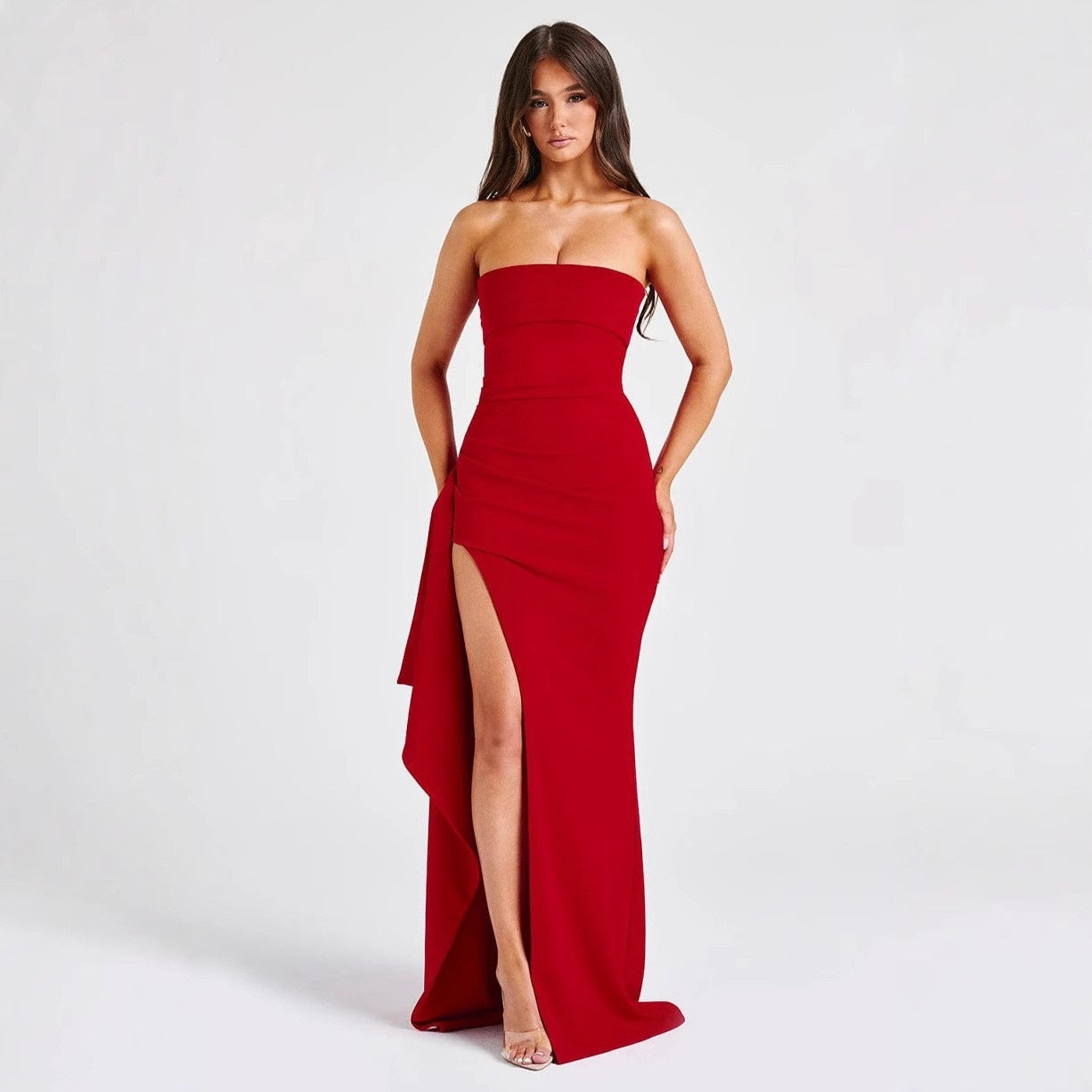 New tube top dress spring and summer sexy side split hip skirt evening dress