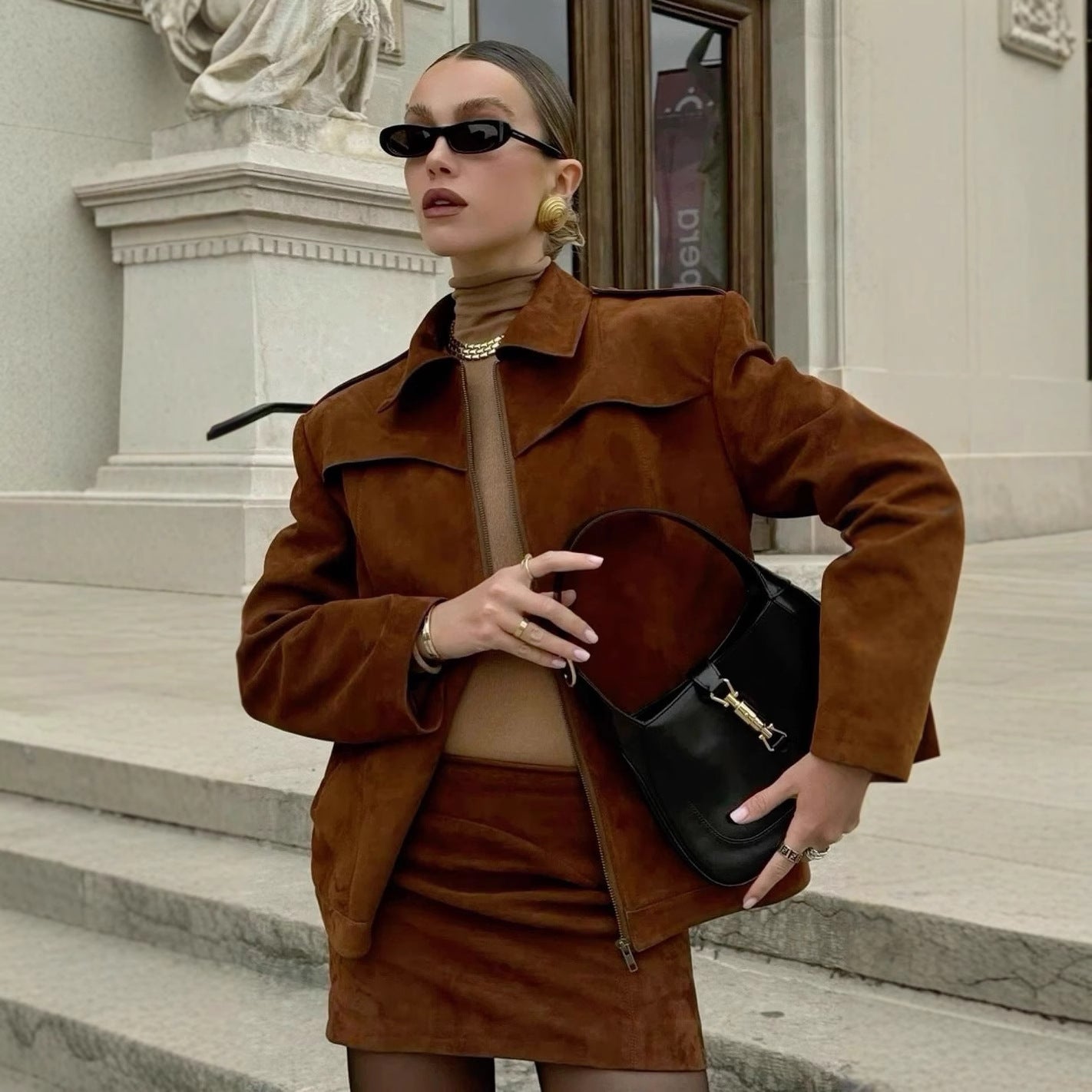 Women's new long-sleeved retro suede jacket women's fashion loose wind motorcycle jacket trench coat