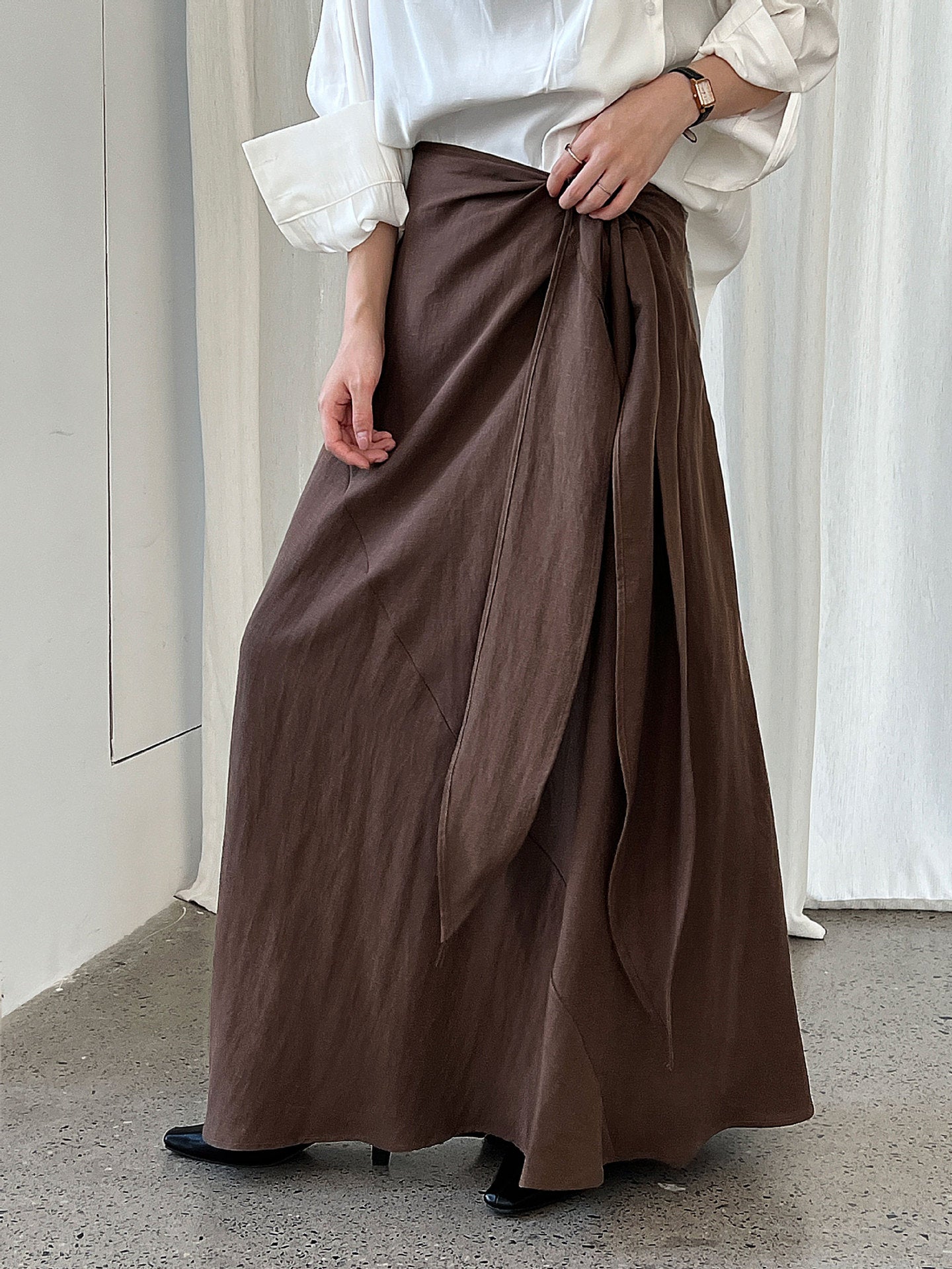 Korean style asymmetrical draped tie-waist midi skirt - new autumn design