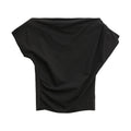Slant shoulder three-dimensional pull-out pleated slim-fit design short-sleeved T-shirt women