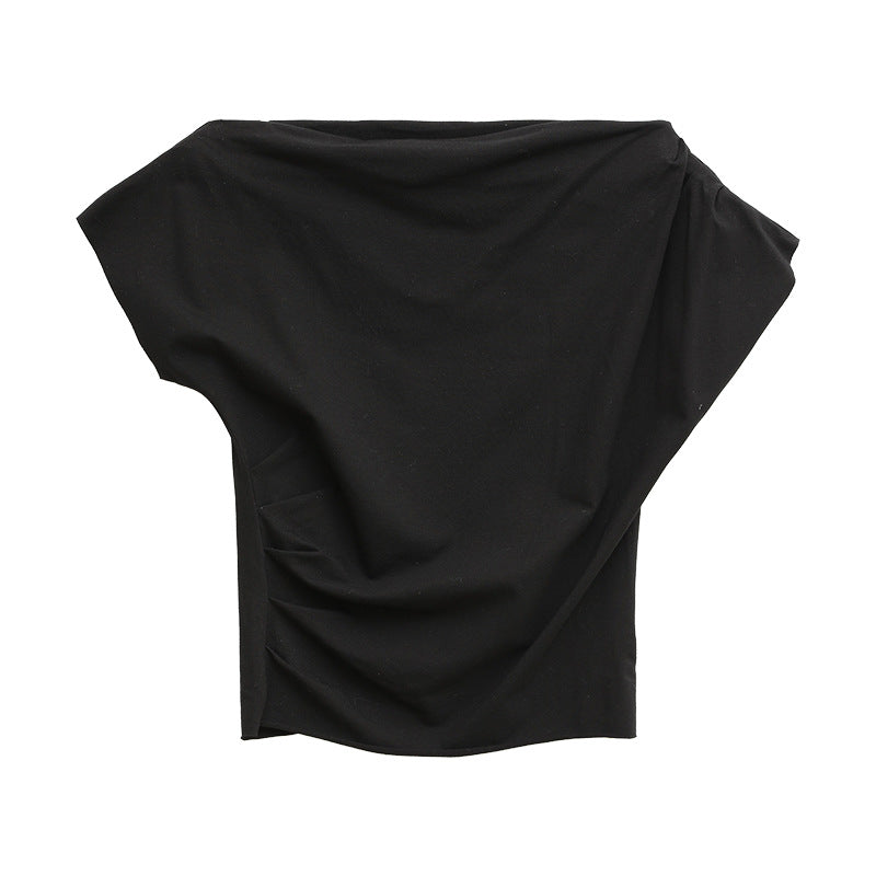 Slant shoulder three-dimensional pull-out pleated slim-fit design short-sleeved T-shirt women