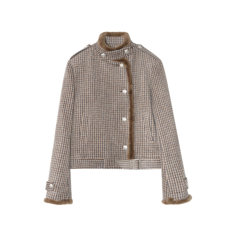 Vintage Plaid Asymmetrical Plush Women's Jacket