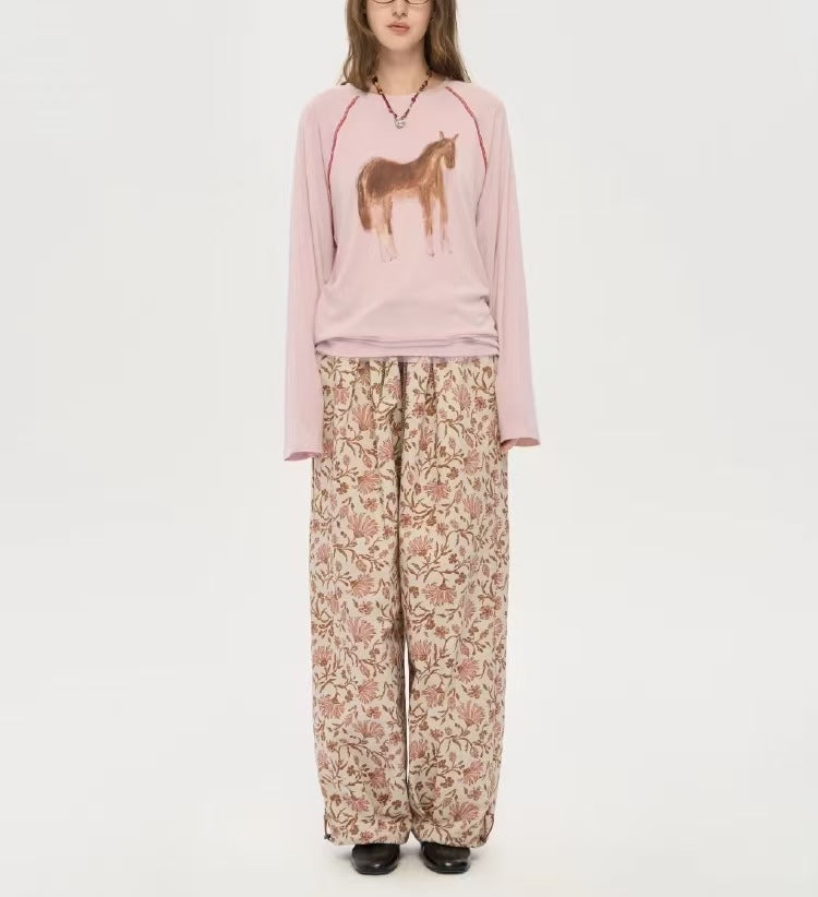 Hand-Painted Print Drop Shoulder Long Sleeve Top | Round Neck Loose Fit