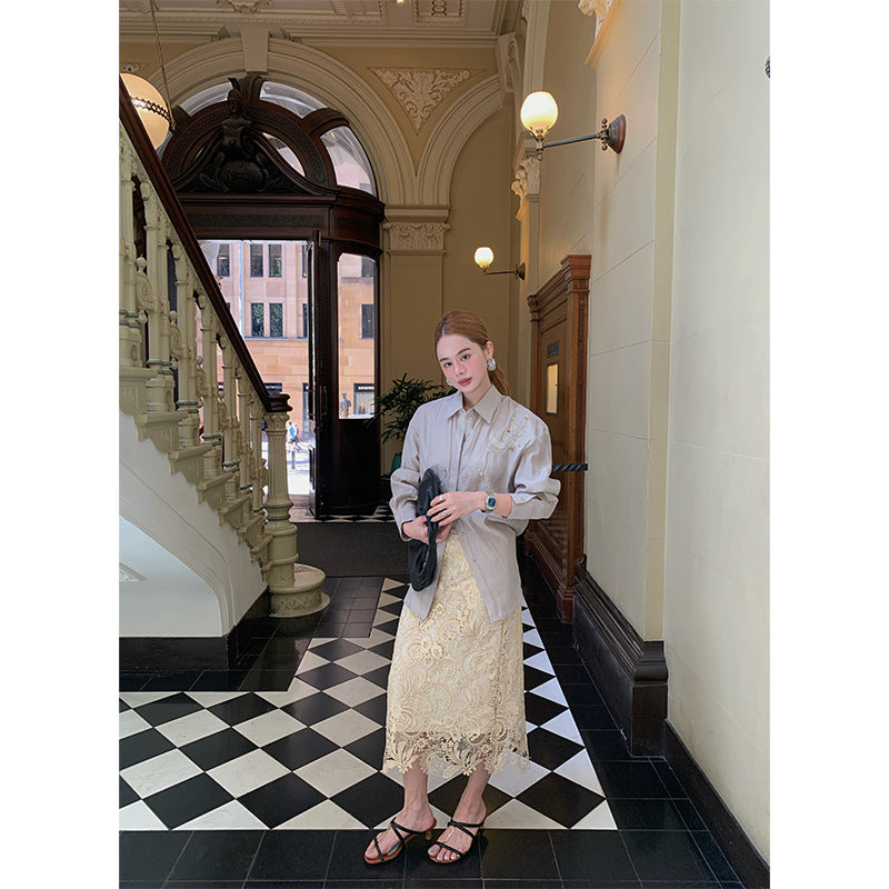 Early spring French celebrity stunning high waist temperament hollow lace skirt