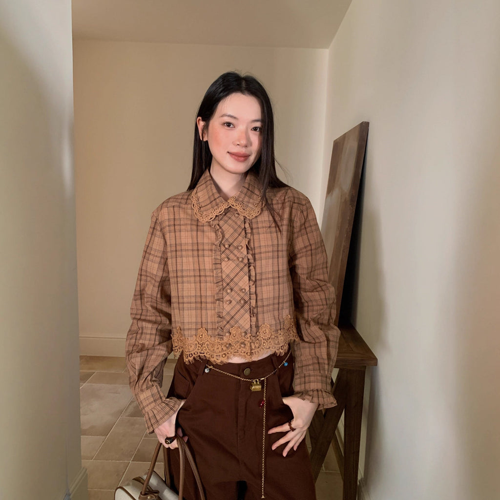 Coffee lapel double-breasted plaid shirt