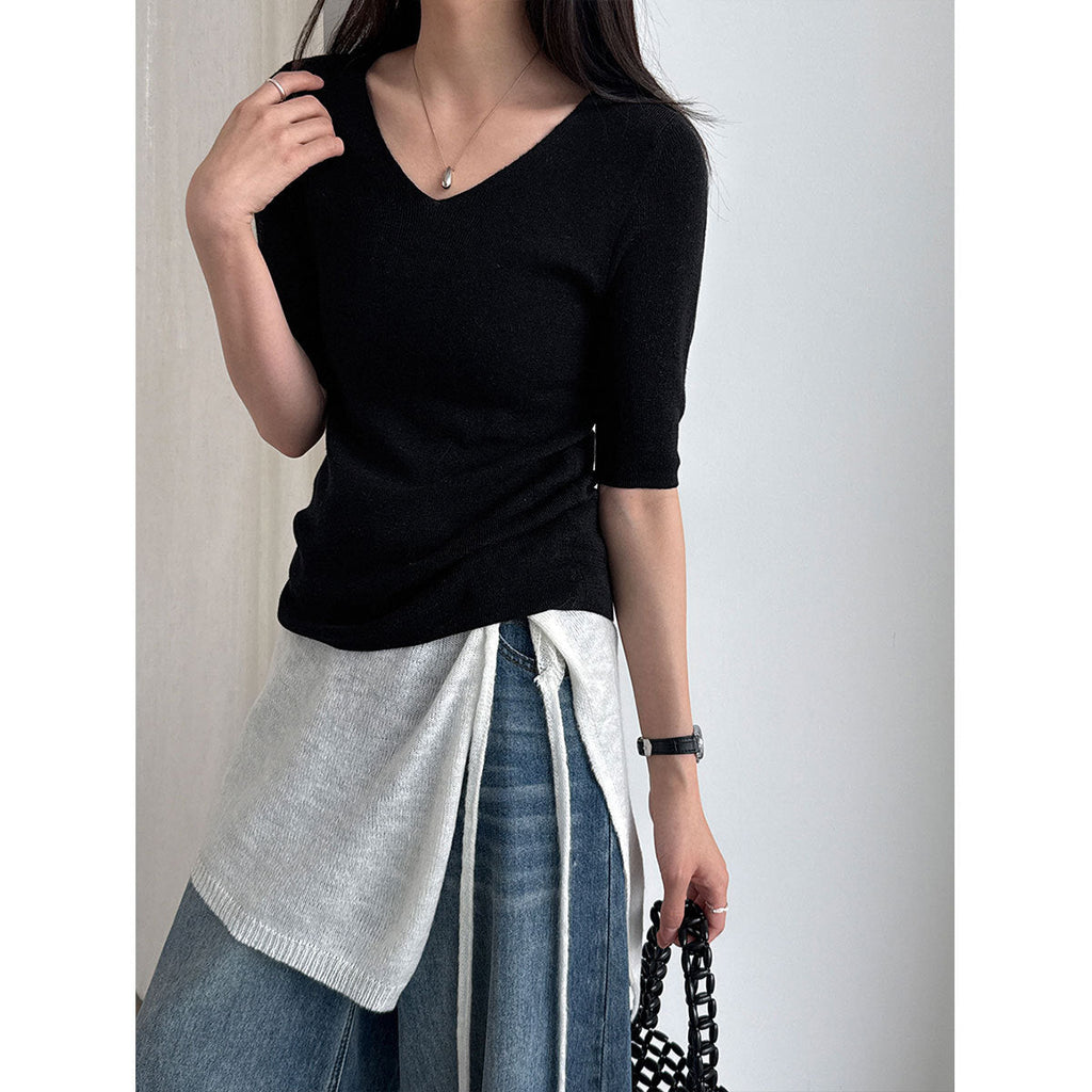 Soft and glutinous skin-friendly wool gentle style V-neck knitted sweater women's spring slim three-quarter sleeve T-shirt