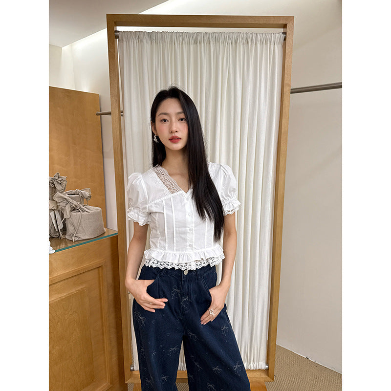 French Lace Trim V-Neck Puff Sleeve Cotton Shirt