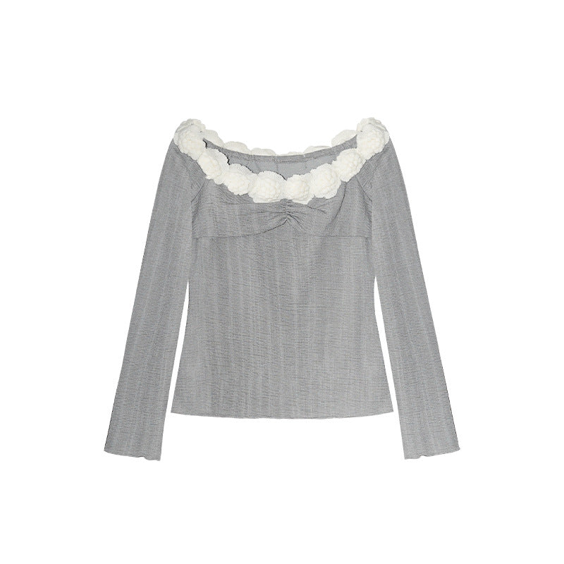 Sweet slim-fit three-dimensional flower splicing one-word shoulder top