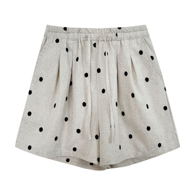 Cotton and linen embroidered polka dot elastic waist shorts women's summer new high-waisted versatile casual wide-leg pants 1953