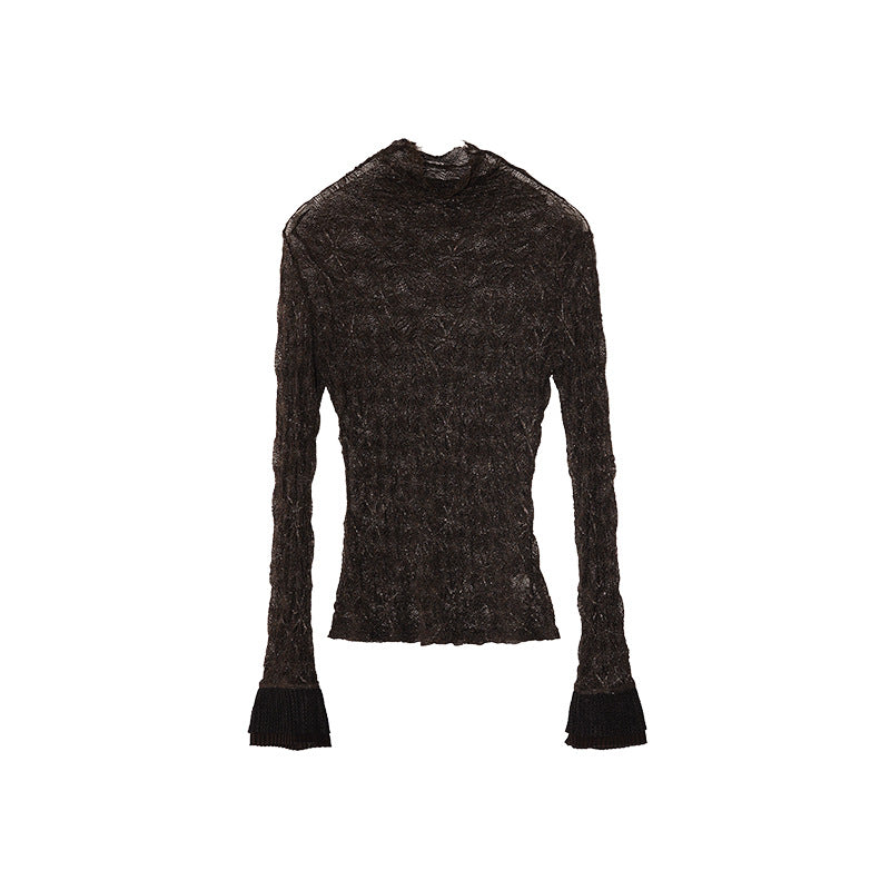 Elegant Slim Pile Long Sleeve Turtleneck Lace Bottom Shirt