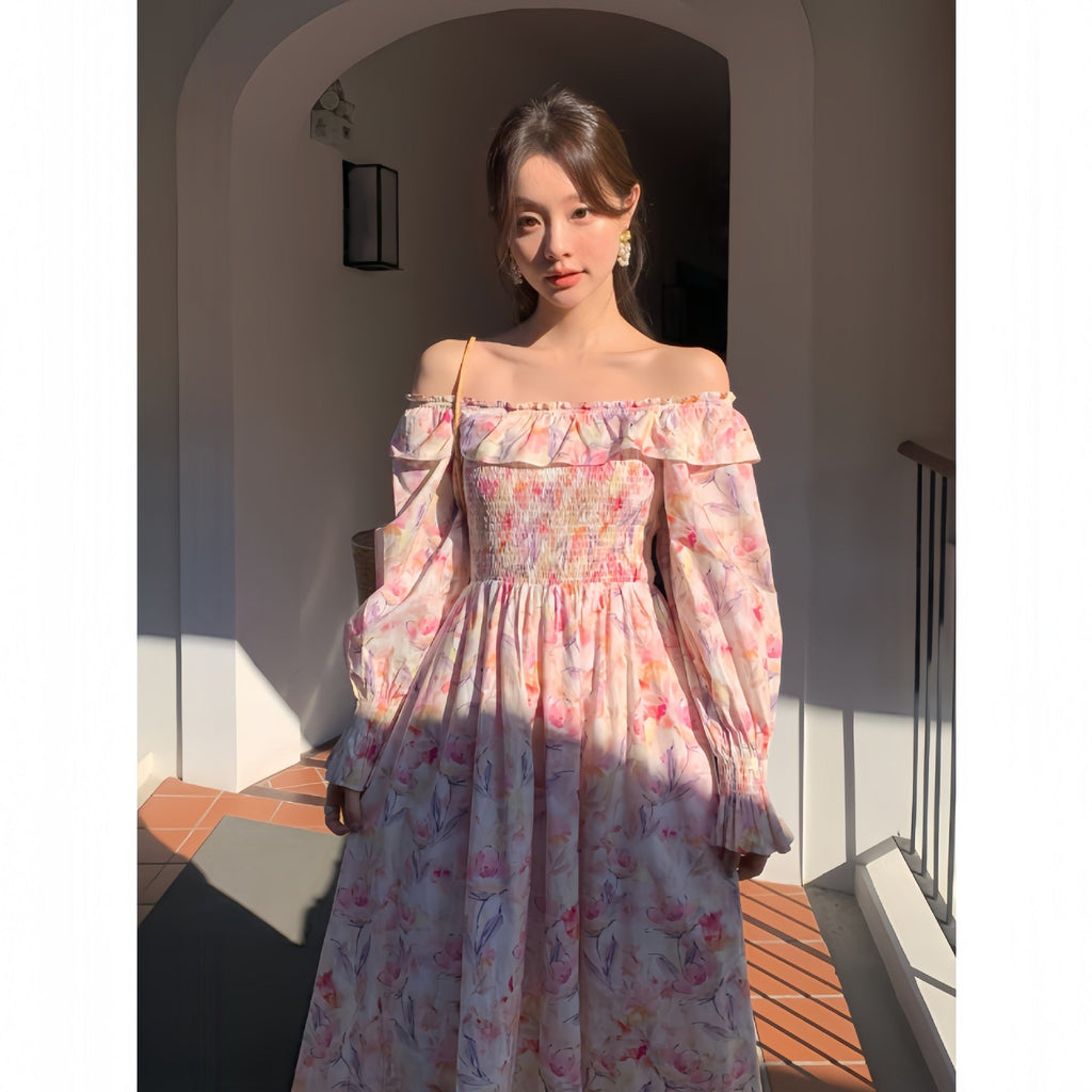 Early spring French sweet temperament age-reducing one-word shoulder floral dress