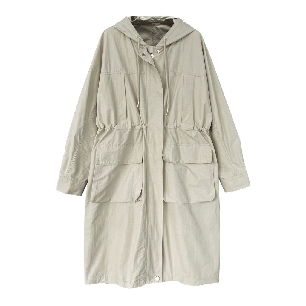 Premium British style hooded trench coat autumn design waist thin long coat