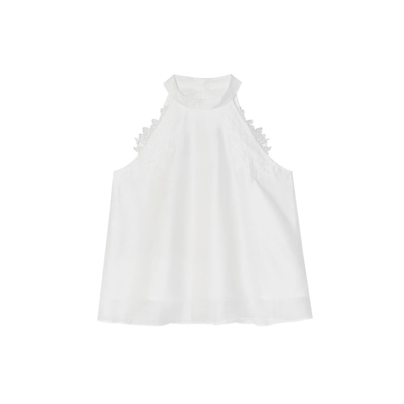 Pure white stand-up neck sleeveless neck lace chiffon shirt
