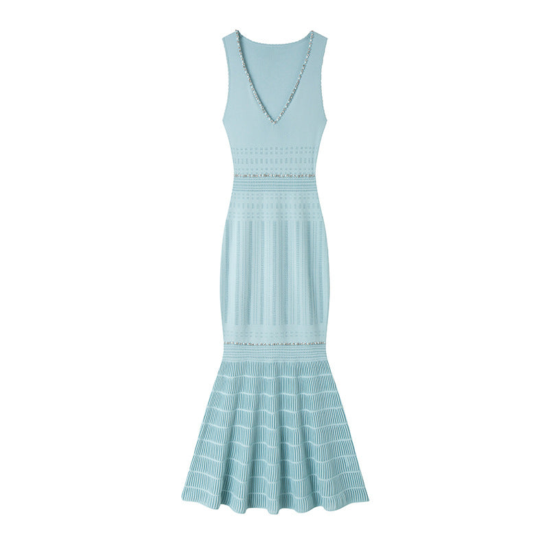 V-Neck Sleeveless Dress Women High Waist Beaded Fishtail Midi