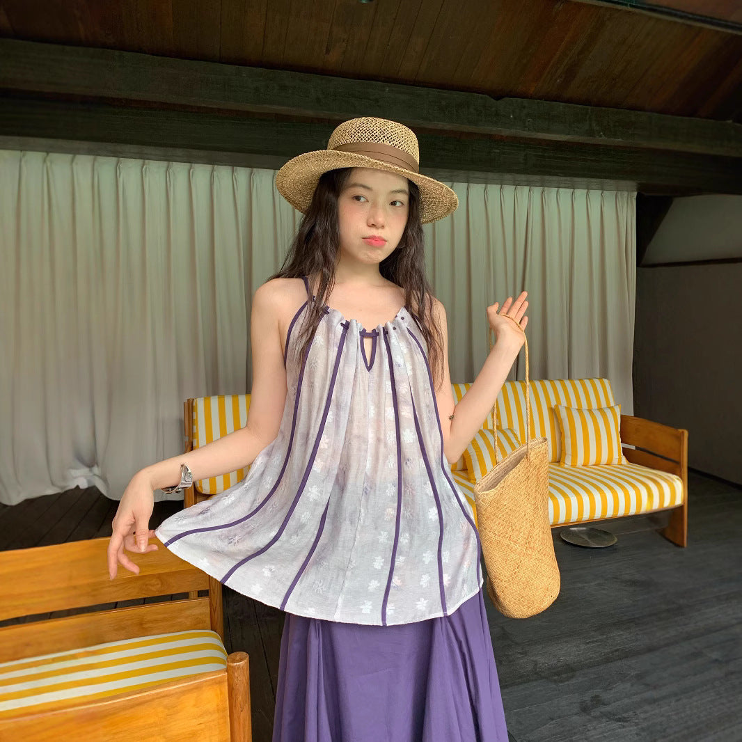 sweet age reduction light purple splicing suspender top