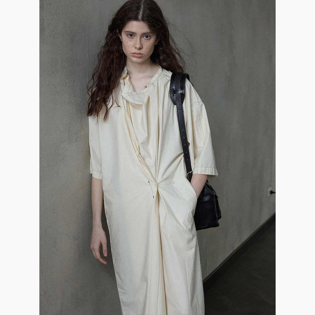 Contrasting color line irregular dress spring and summer new cotton swing collar short sleeve temperament commuting