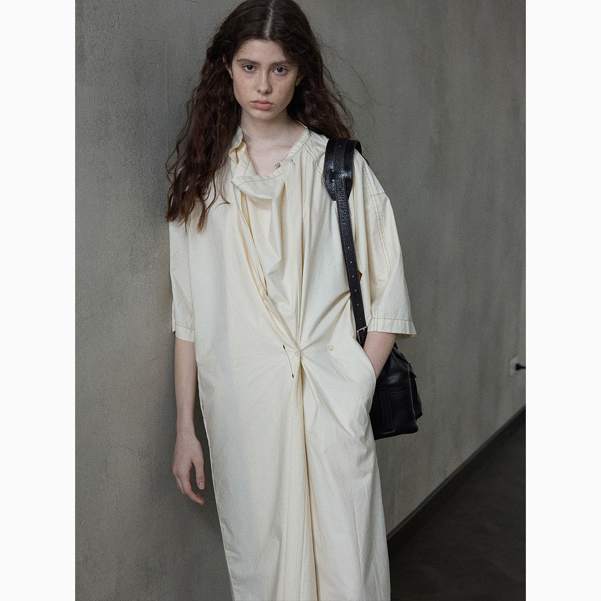 Contrasting color line irregular dress spring and summer new cotton swing collar short sleeve temperament commuting