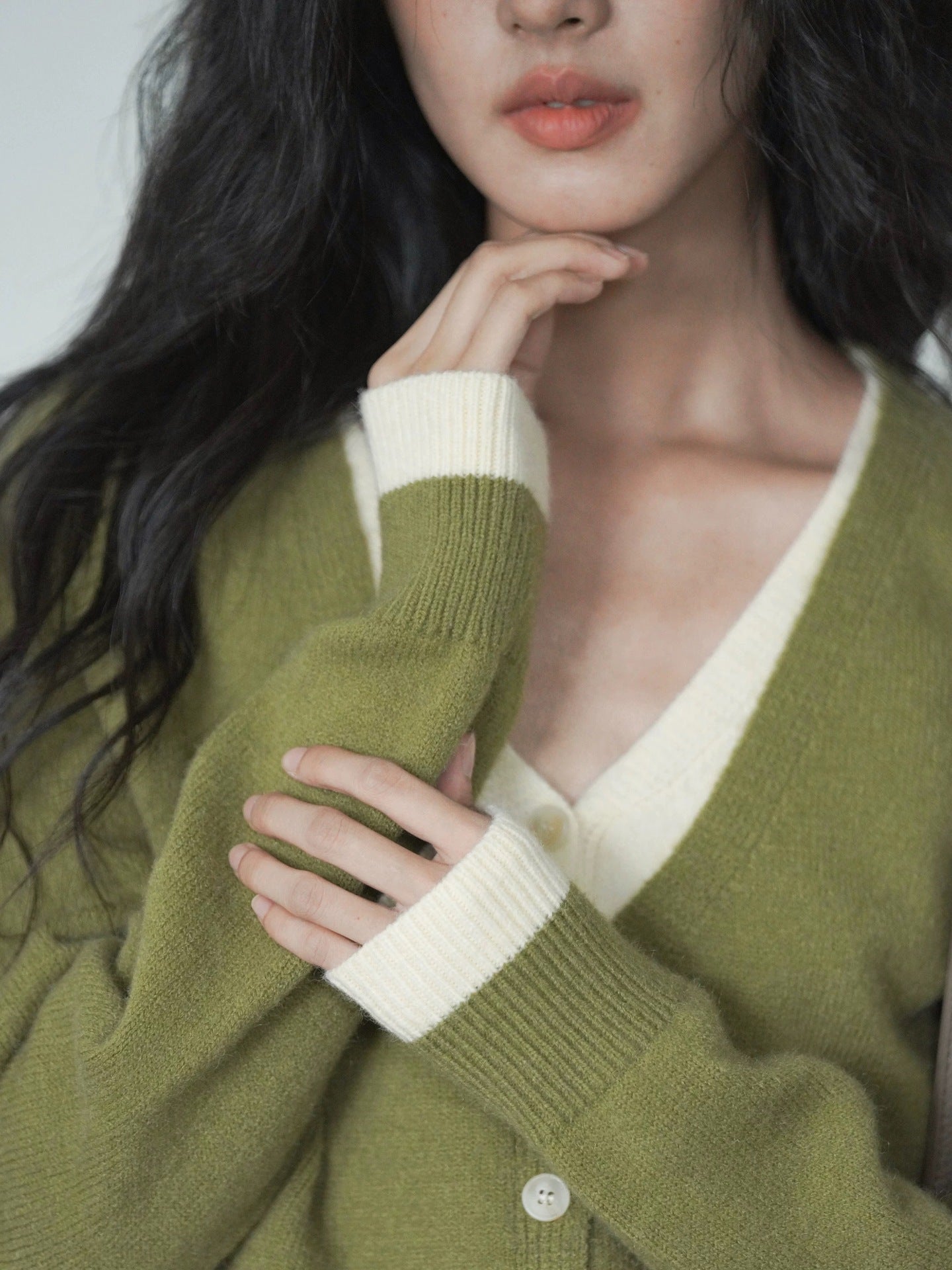 Green Layered Look Knit Cardigan | Women's Slim Spring Sweater Top