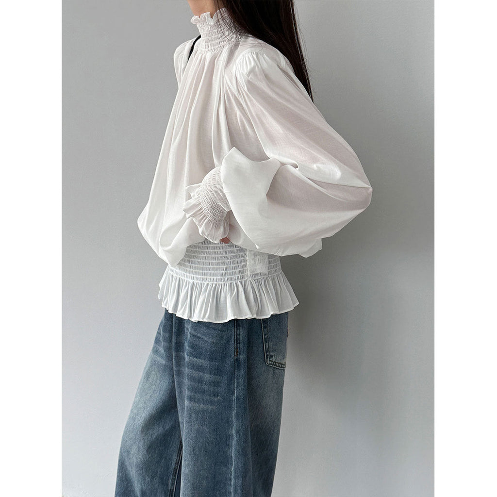 French pleated shirt spring court style petal sleeve bubble sleeve gentle shirt top