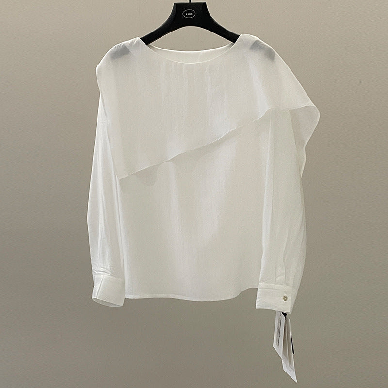 Minimalist spring asymmetrical loose-leaf shape Tencel micro-transparent shirt