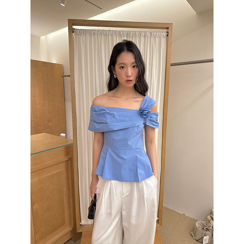 Sweet and Spicy Fashion Chic Temperament Waist Slant Shoulder Shirt