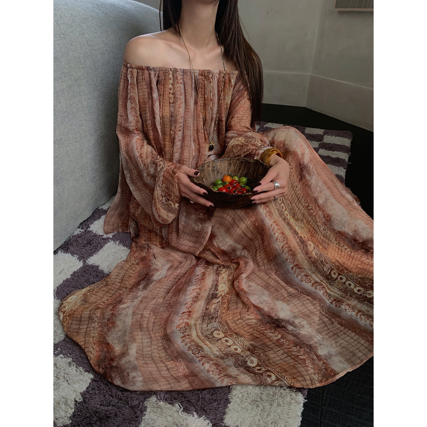 Spring retro vacation style beautiful silk printed shoulder chiffon shirt