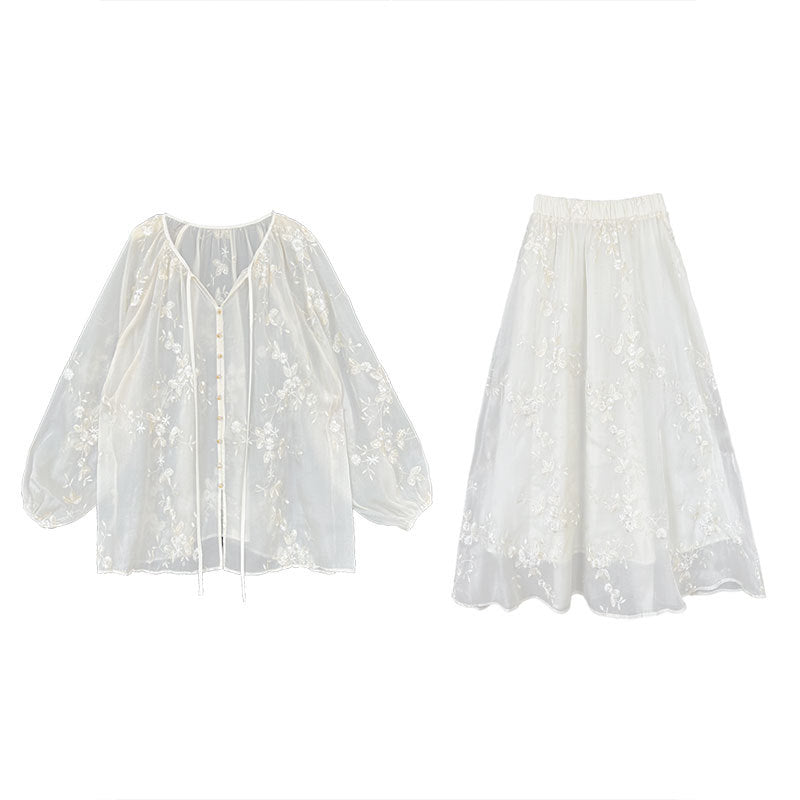 Embroidered shirt skirt set women's summer new heavy industry sunscreen two-piece set