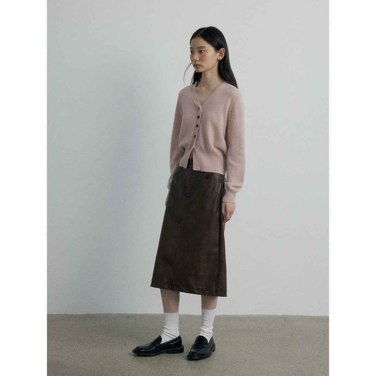 Autumn new casual high-waisted retro old-fashioned versatile straight tube medium and long leather skirt