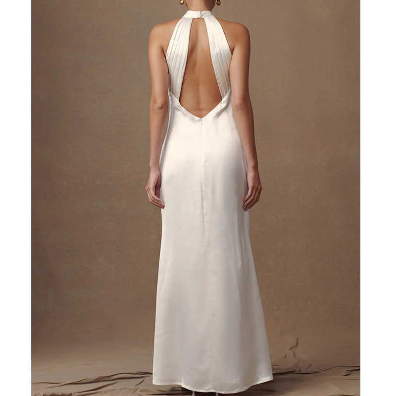 Halter Sexy Flower Satin Ice Silk Long Dress Neck Dress Elegant Sleeveless