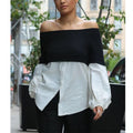 White shirt women's pullover splicing one-word shoulder loose long-sleeved T-shirt fake two-piece top