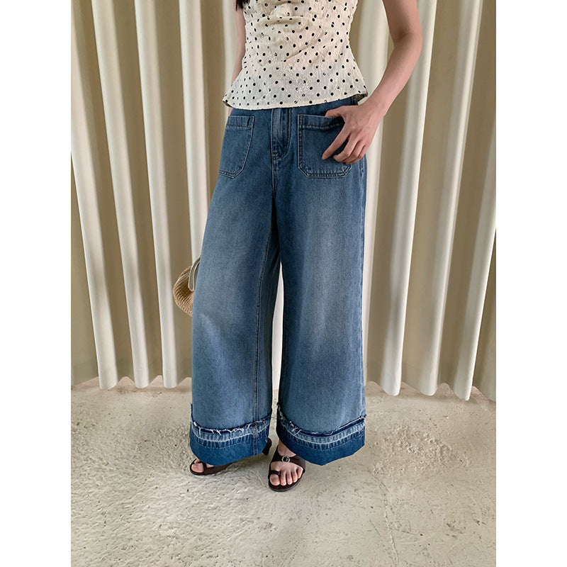 Washed light blue crimped woolen straight jeans