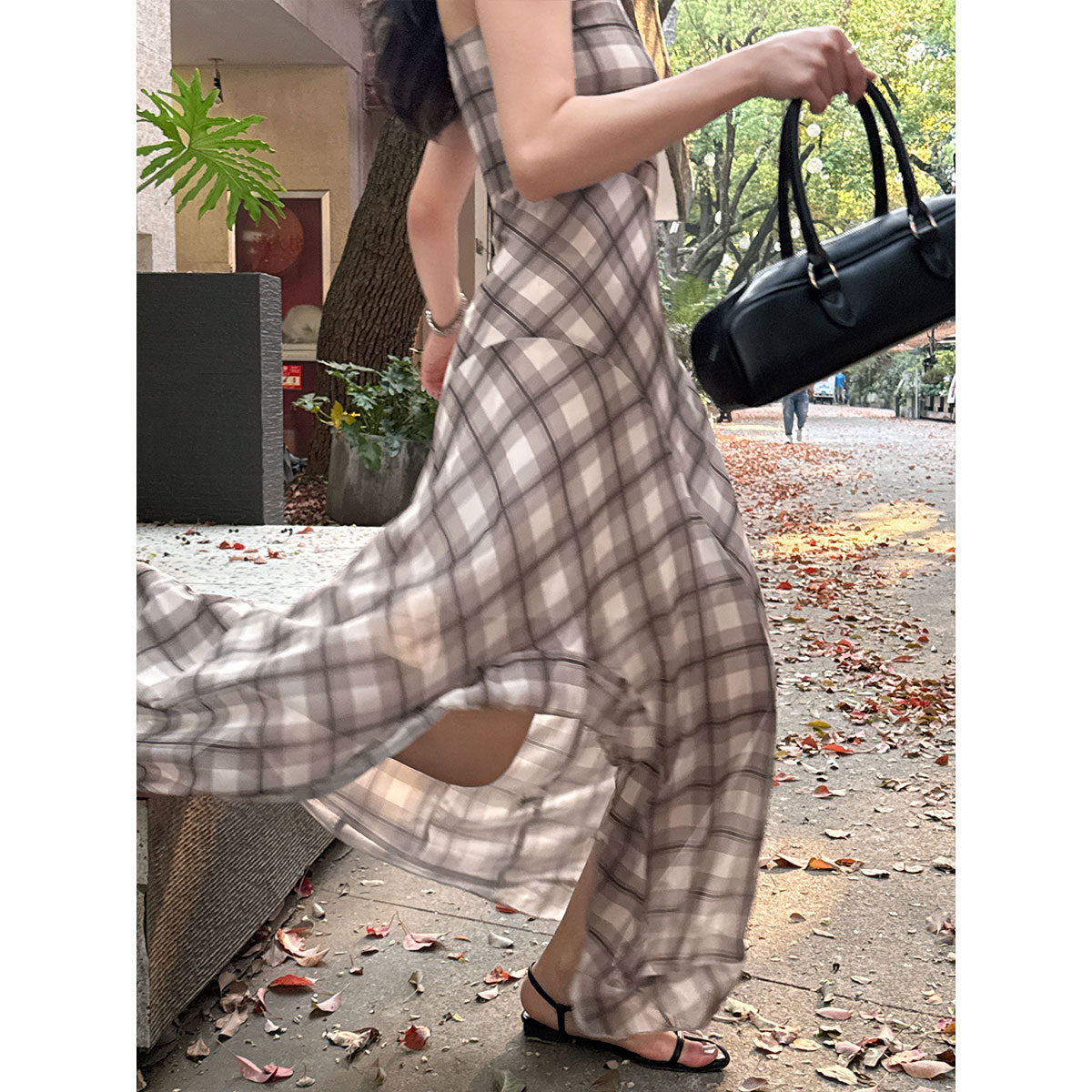 Korean simple temperament plaid dress spring and summer women's new waist irregular hem long dress
