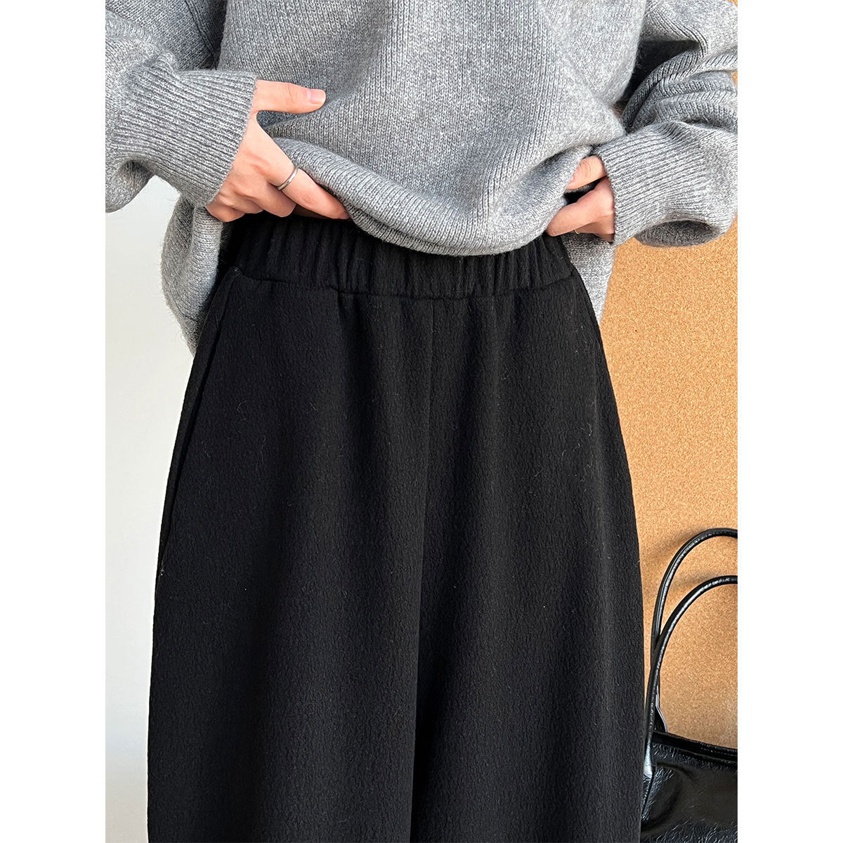 Korean wool plush texture, high-waisted elastic, casual, versatile straight-leg trousers, women's winter new style