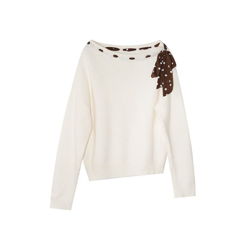 Autumn and winter French atmosphere leopard print strap design diagonal neck off-the-shoulder sweater women