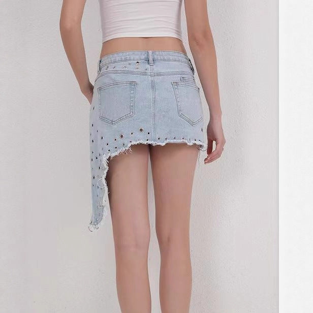 Stylish sexy denim skirt ripped irregular bevelled skirt