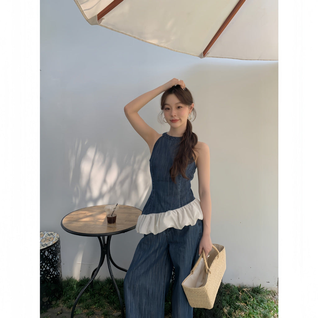 Denim Vest Asymmetrical Neck Sleeveless Top