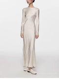 Women's French Elegance Satin Pleated Long Sleeve Dress | Acetate Fishtail Midi Dress