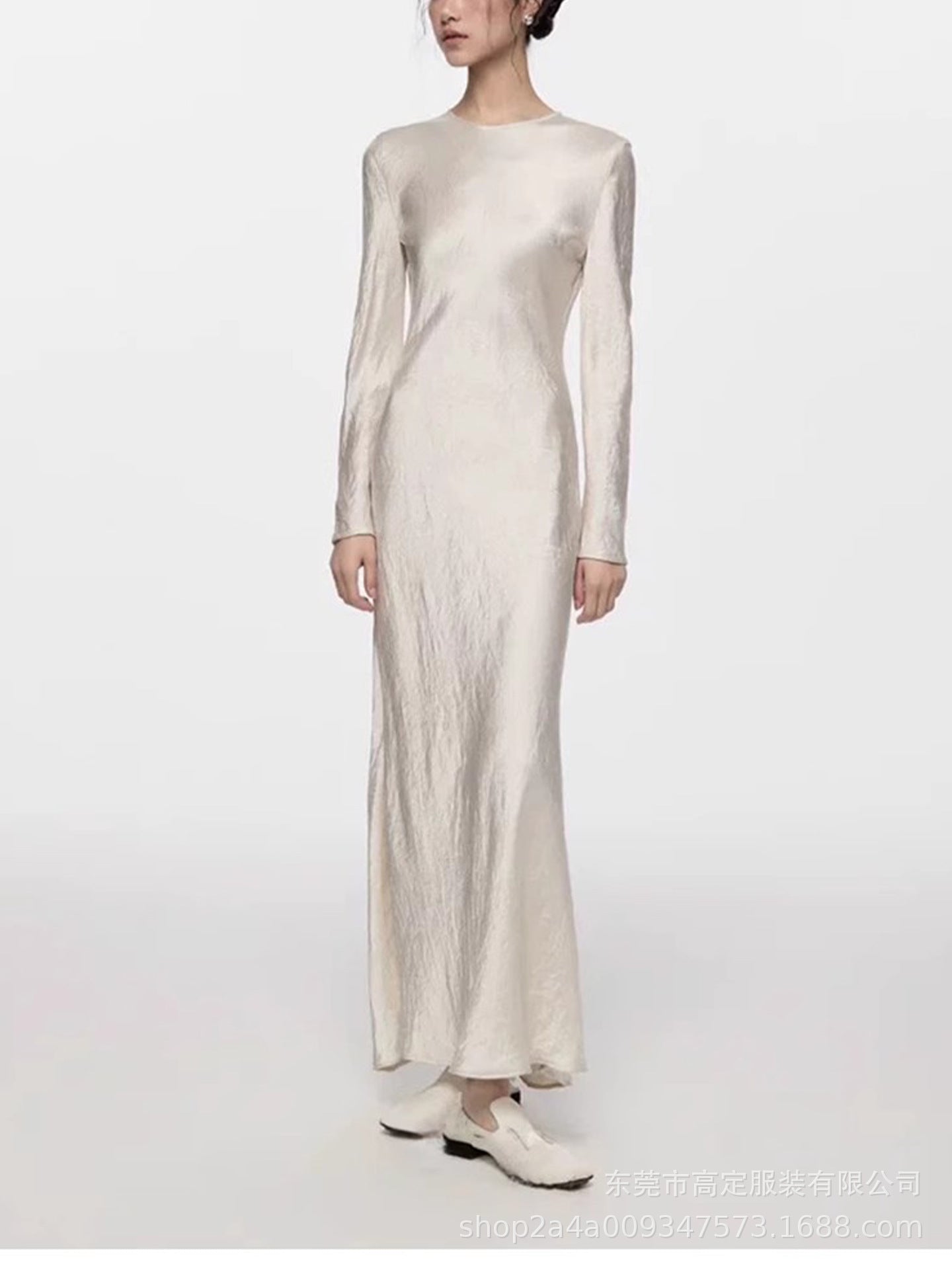 Women's French Elegance Satin Pleated Long Sleeve Dress | Acetate Fishtail Midi Dress