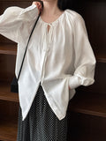 Tencel light and transparent neckline pleated lace-up shirt women's summer new shirt long-sleeved top