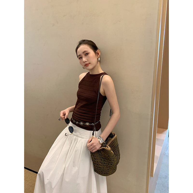 Halter Neck Knit Vest Women Sleeveless Slim Fit Cut-Out Tank Top